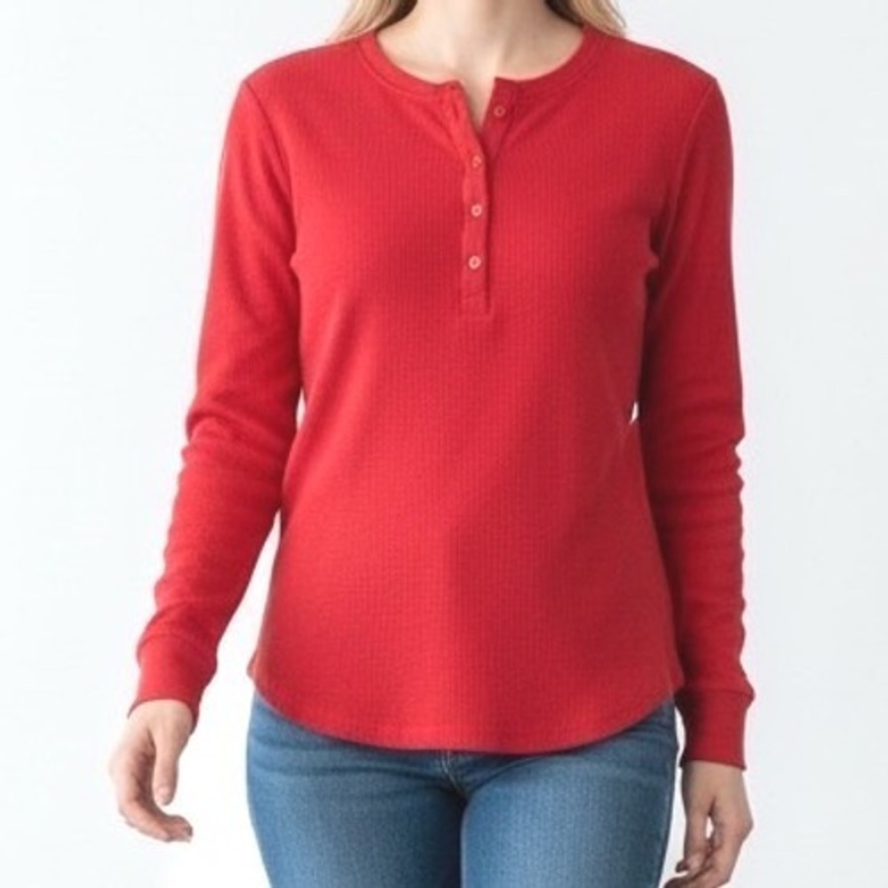 GAP‎ Vintage Womens Petite Red Waffle Knit Long Sleeve Henley Shirt Top Size L